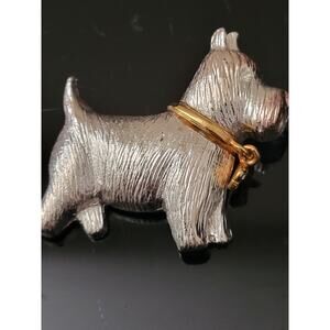 Terrier Scotty Dog Brooch Pin Silver Color Gold Trim Rhinestones Dog Collar Eye